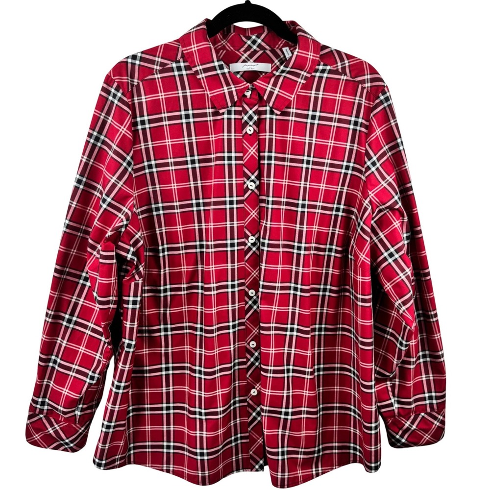 Foxcroft Button Down Shirt Womens 20W Red Plaid Non-Iron Long‎ Sleeve Career Top